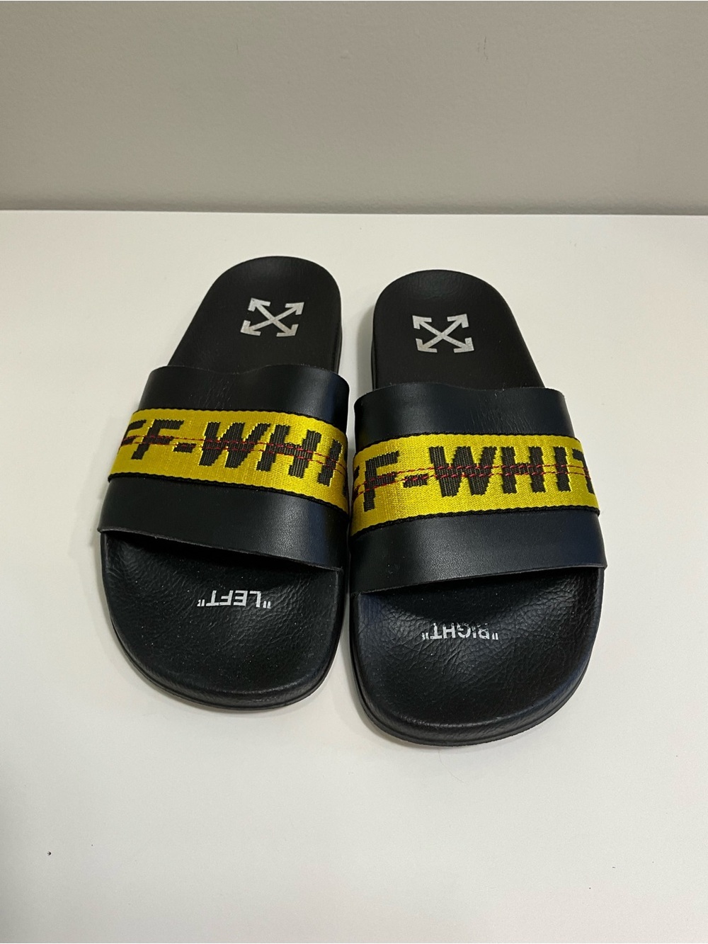 OFF-WHITE Industrial Belt Slides Black Yellow Logo Sandals EU 41 Virgil Abloh